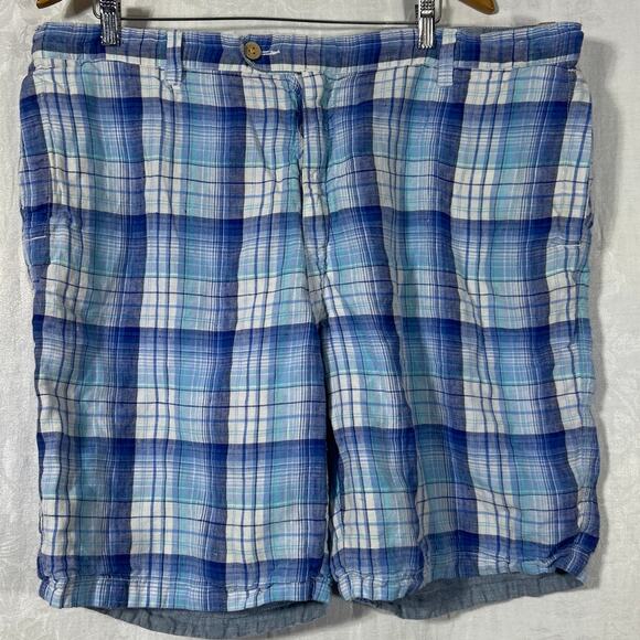 Reversible Shorts 42 Blue Plaid 100% Linen Pockets Bermuda - Picture 1 of 13